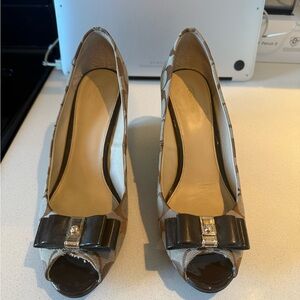 Coach Brown Signature Peep-Toe Heels with Bow Detail
